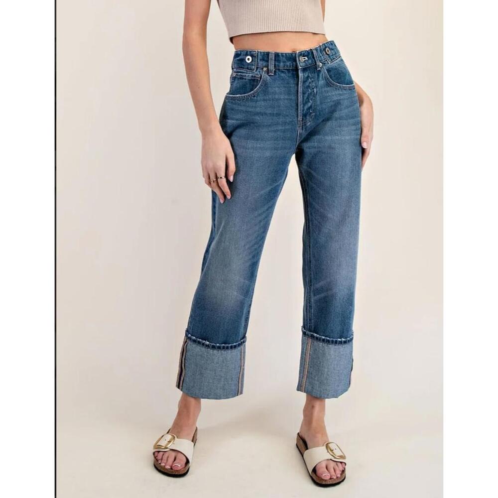 NWT ee:some Women's Cropped Blue Denim Jeans with Rolled Cuffs Large